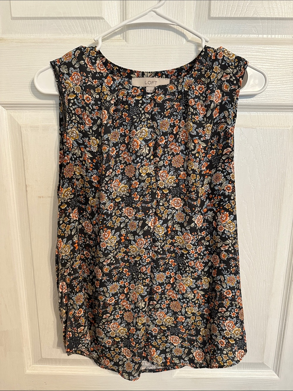 LOFT Black Floral Cap-Sleeve Blouse with Orange and Yellow Bloom